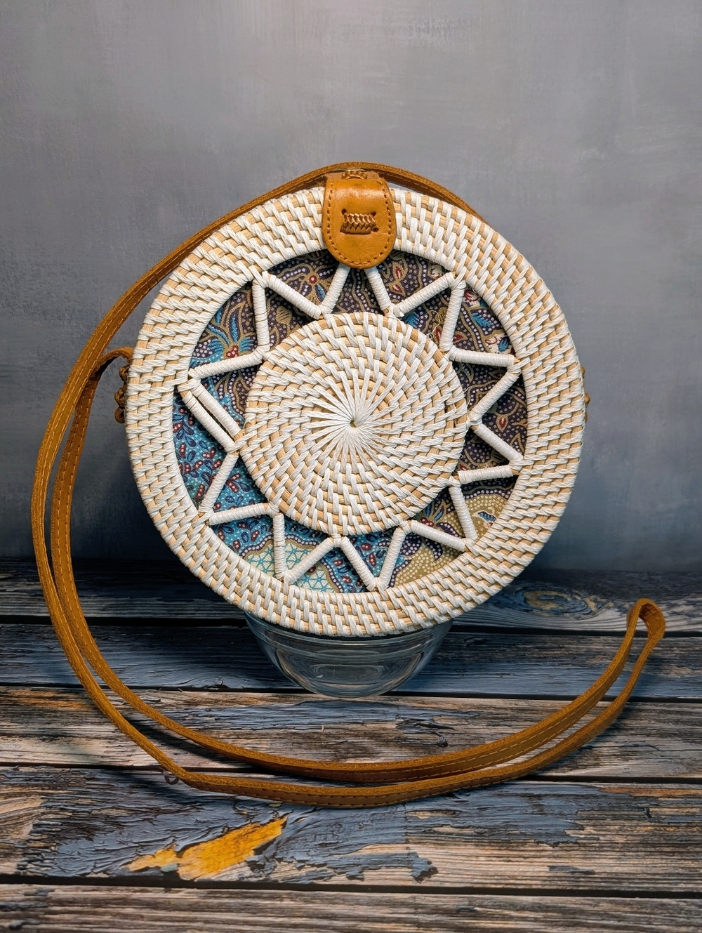 Handwoven Round Straw Shoulder/Crossbody Bag with Paisley Inset